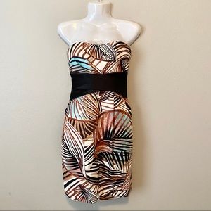TEEZE ME Strapless Leaf Print Dress Brown